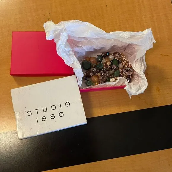 Studio 1886 Bohemian Multi-Strand Gemstone Statement Necklace Gold With Earrings - Picture 2 of 6